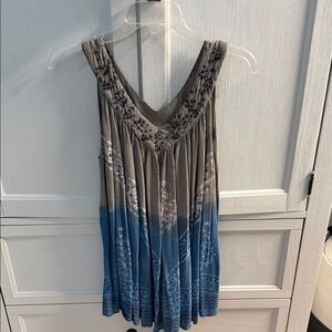Blue and Brown Sleeveless Blouse